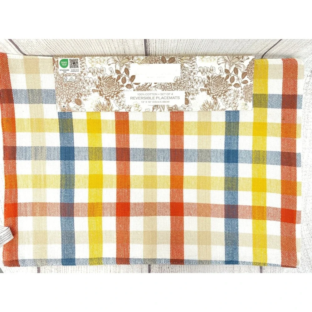 Shabby Chic Placemats (4) 13x19 Pumpkin Plaid Cotton Reversible Thanksgiving